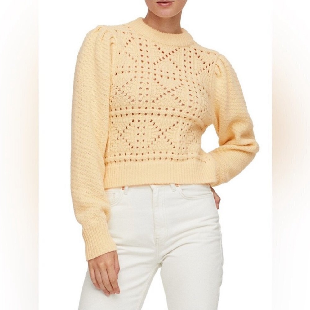 Mango Butter Yellow Open Knit Crochet Sweater w/ Puff Baloon Sleeves size medium